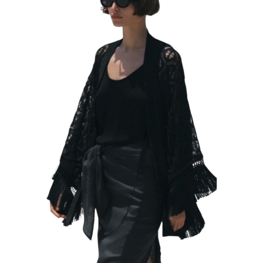Zara Black Open Work Fringe Kimono Jacket Size Medium‎